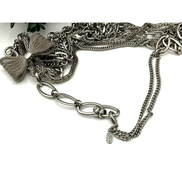 Layered Silver-Tone Chain Statement Necklace With Mesh Bow Pendant & Lobster Cla - Picture 4 of 5